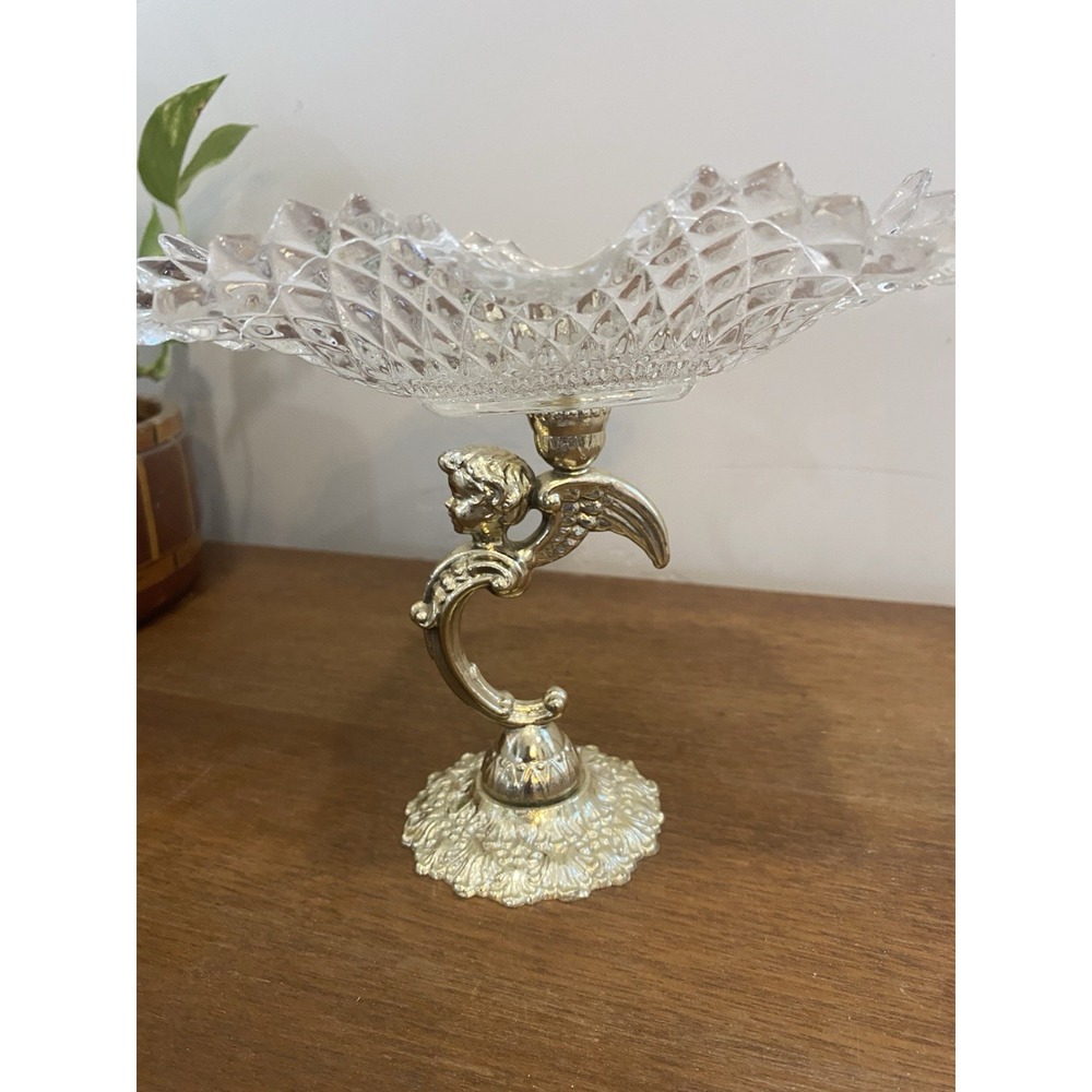 VTG MCM 60's Hollywood Regency Gold Brass Cupid Dish Stand Cherubs Midcentury